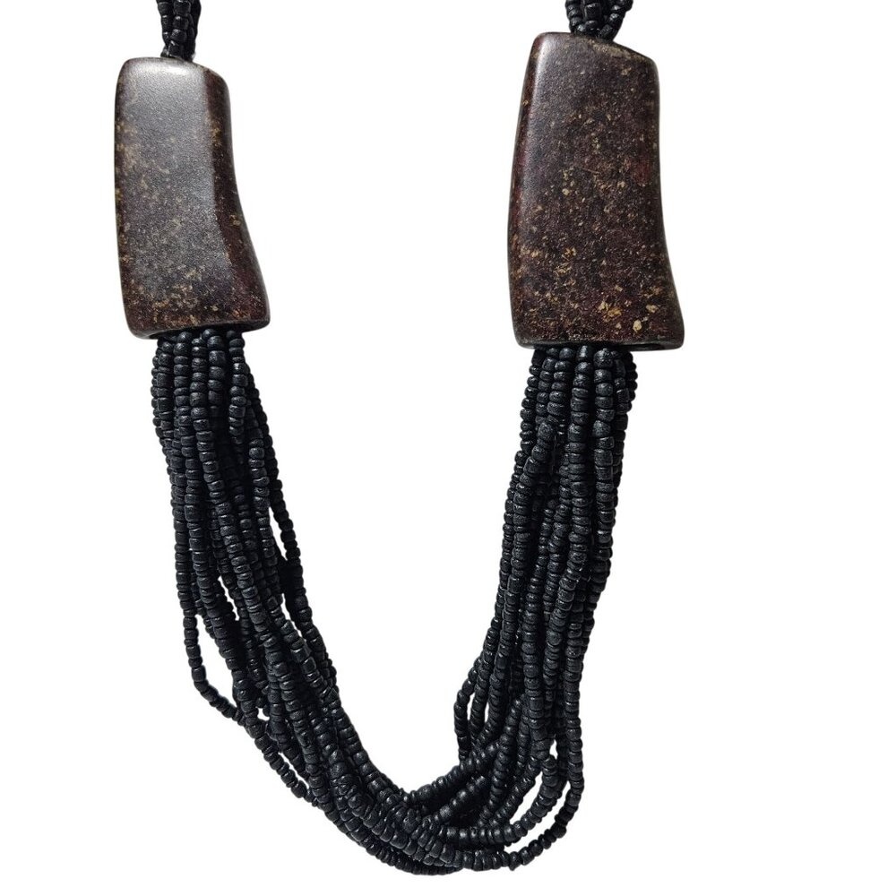Handcrafted Black Beaded Necklace Chunky Brown Stone Accents Multi Strand Women